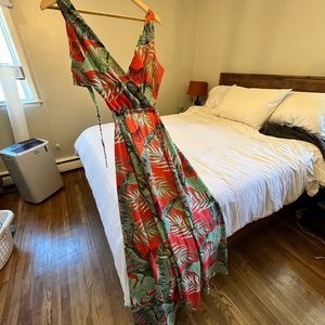 Red and green tropical leaf print maxi open back dress